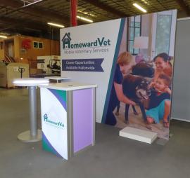 SYK-1024 Symphony Portable Display with SEG Fabric Graphic, MOD-1462 Wireless Bistro Charging Table, and MOD-1701c Backlit Counter with Locking Storage